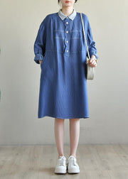 French Blue Long sleeve Patchwork Button Dress Spring - bagstylebliss