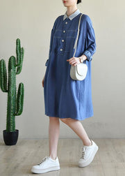 French Blue Long sleeve Patchwork Button Dress Spring - bagstylebliss