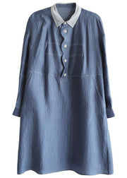 French Blue Long sleeve Patchwork Button Dress Spring - bagstylebliss