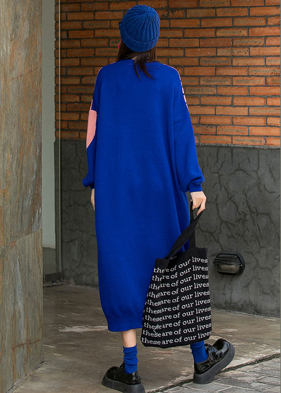 French Blue O-Neck Loose Fall Knit Long Dresses Langarm