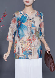 French Blue Oversized Print Chiffon Blouses Summer