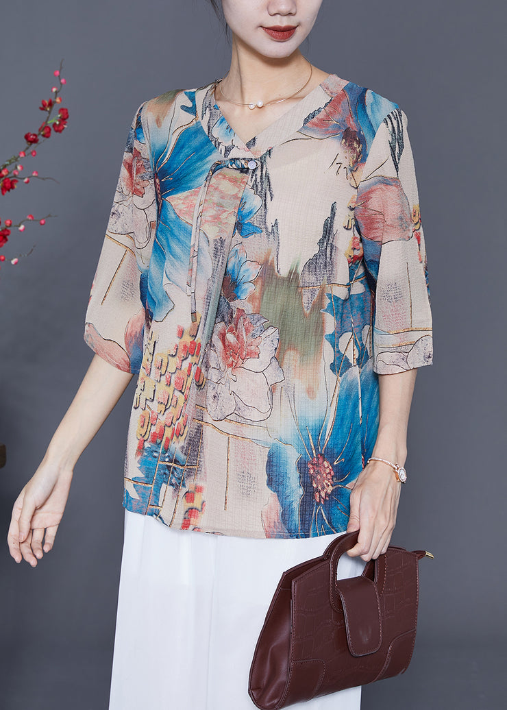 French Blue Oversized Print Chiffon Blouses Summer