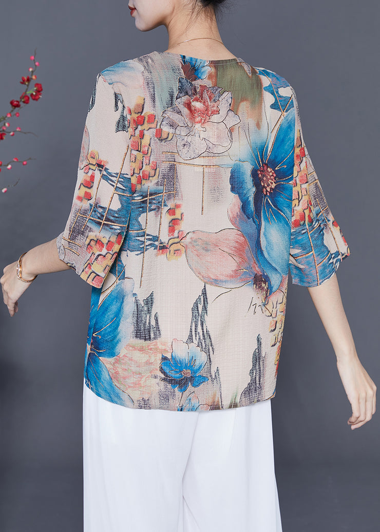 French Blue Oversized Print Chiffon Blouses Summer