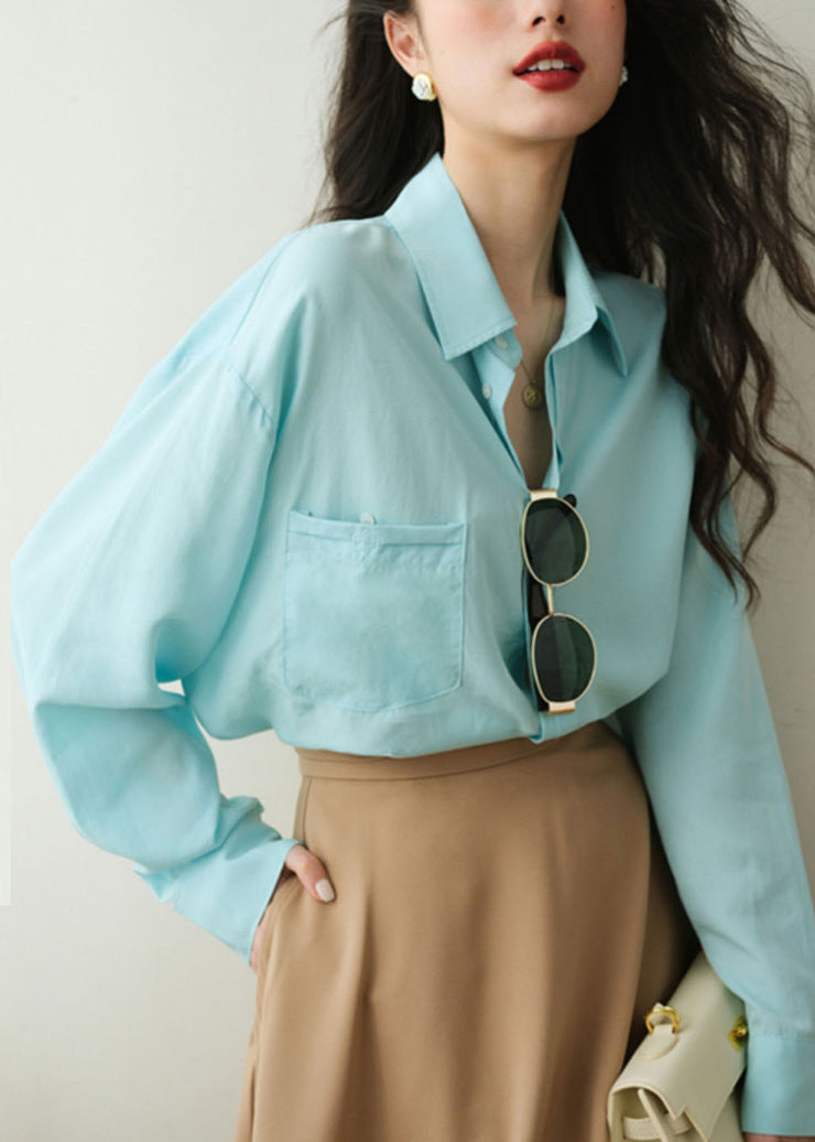 French Blue Patchwork Button Shirt Spring