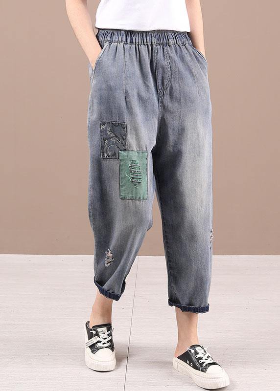 French Blue Patchwork ripped shorts Harem Pants - bagstylebliss