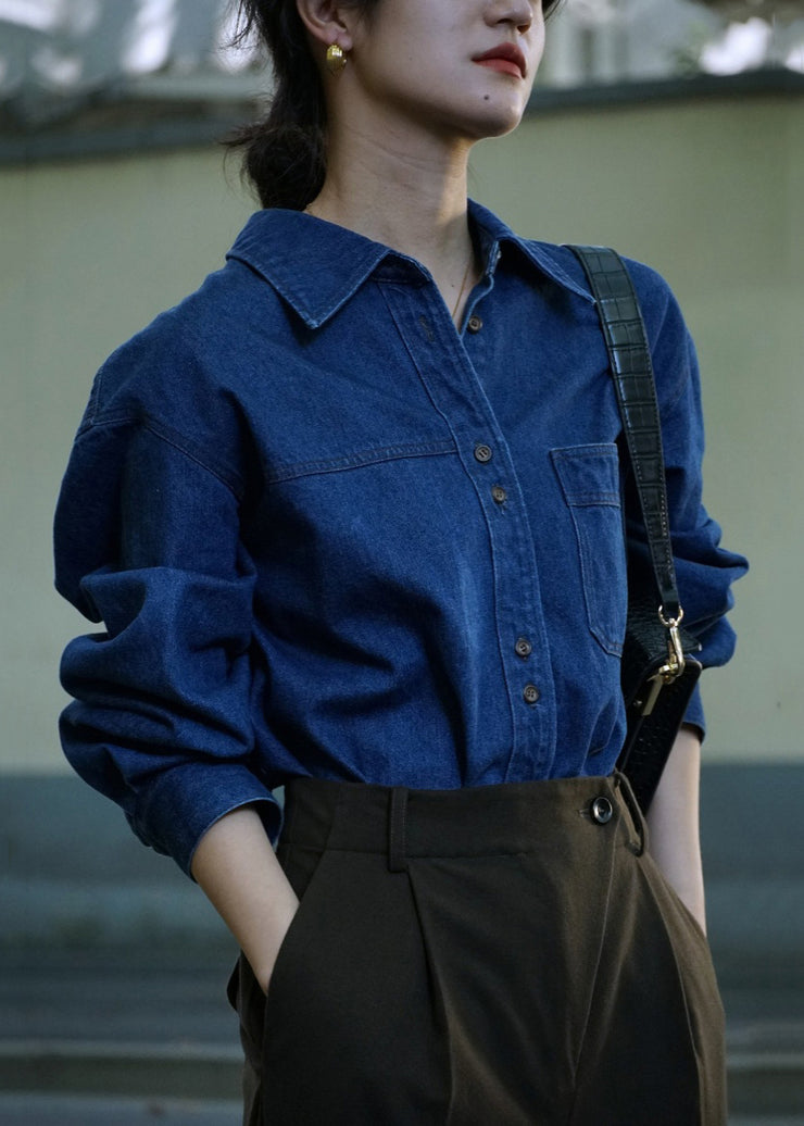 French Blue Peter Pan Collar Button Pockets Denim Shirts Fall