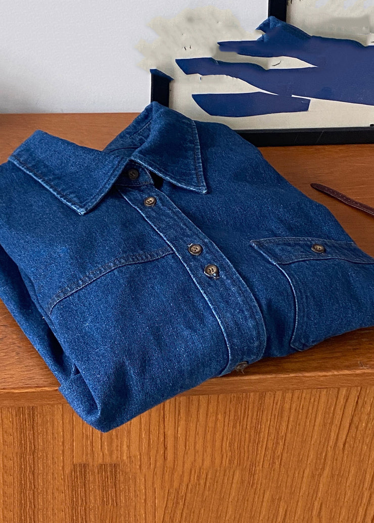 French Blue Peter Pan Collar Button Pockets Denim Shirts Fall