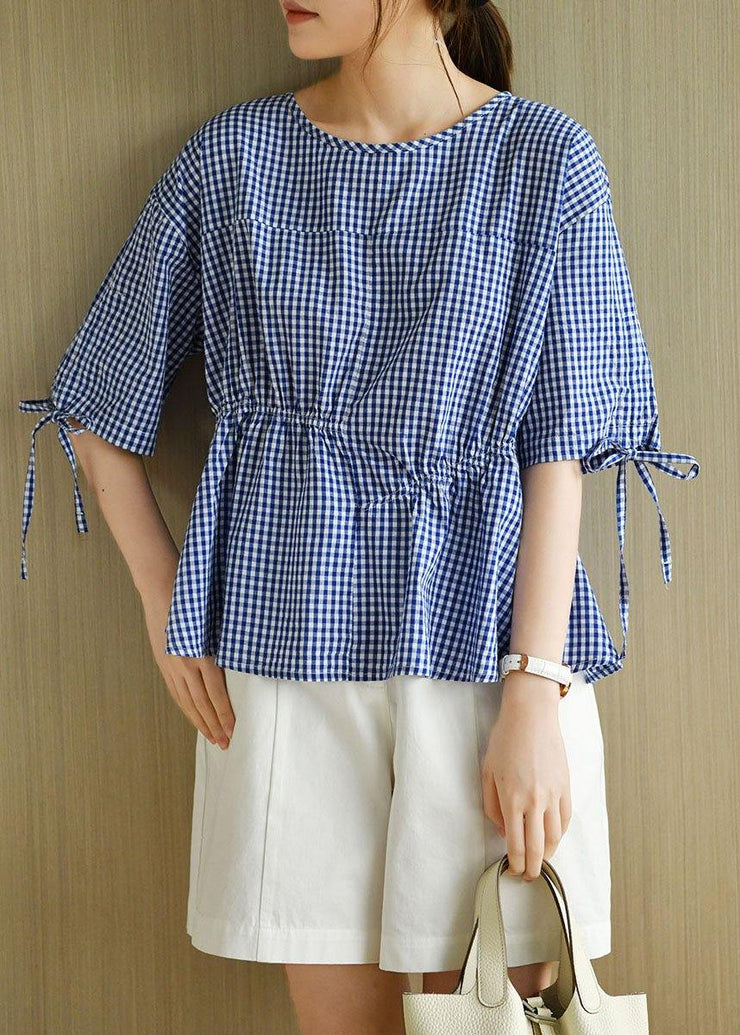 French Blue Plaid Patchwork Drawstring Summer Cotton Half Sleeve Blouse Top - bagstylebliss