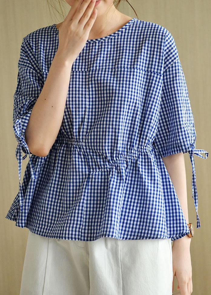 French Blue Plaid Patchwork Drawstring Summer Cotton Half Sleeve Blouse Top - bagstylebliss