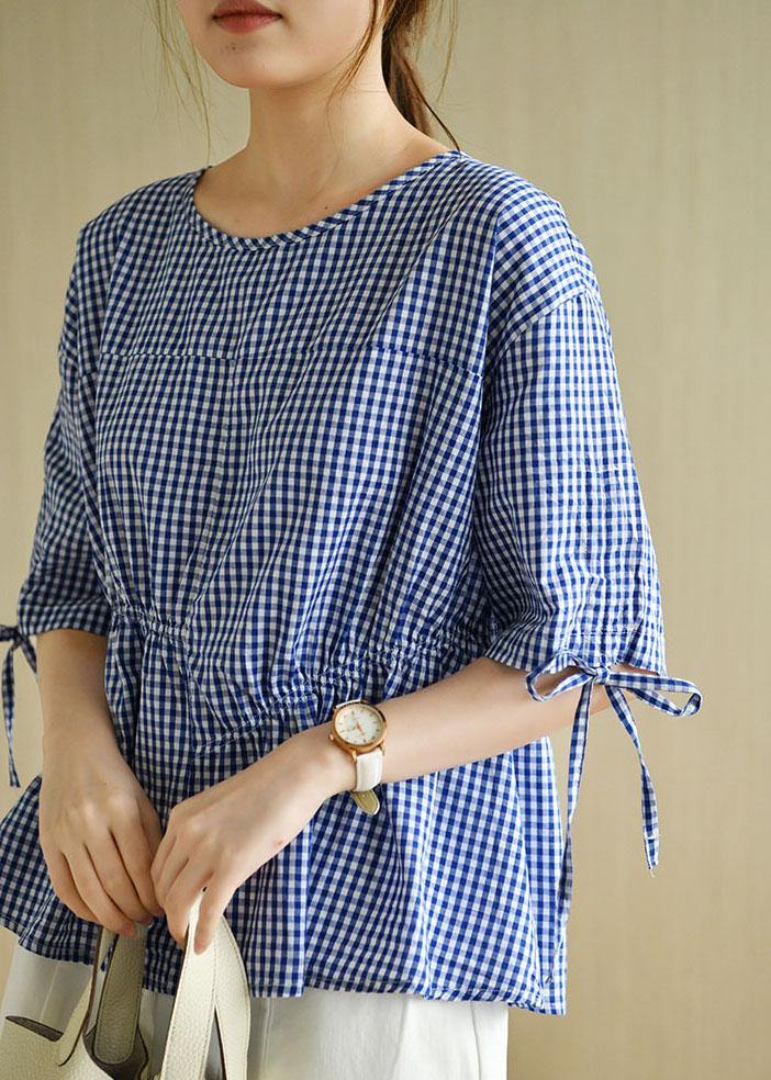 French Blue Plaid Patchwork Drawstring Summer Cotton Half Sleeve Blouse Top - bagstylebliss