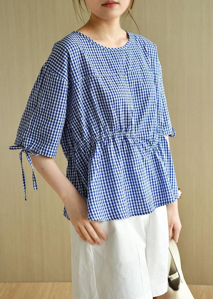 French Blue Plaid Patchwork Drawstring Summer Cotton Half Sleeve Blouse Top - bagstylebliss