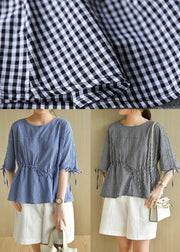 French Blue Plaid Patchwork Drawstring Summer Cotton Half Sleeve Blouse Top - bagstylebliss