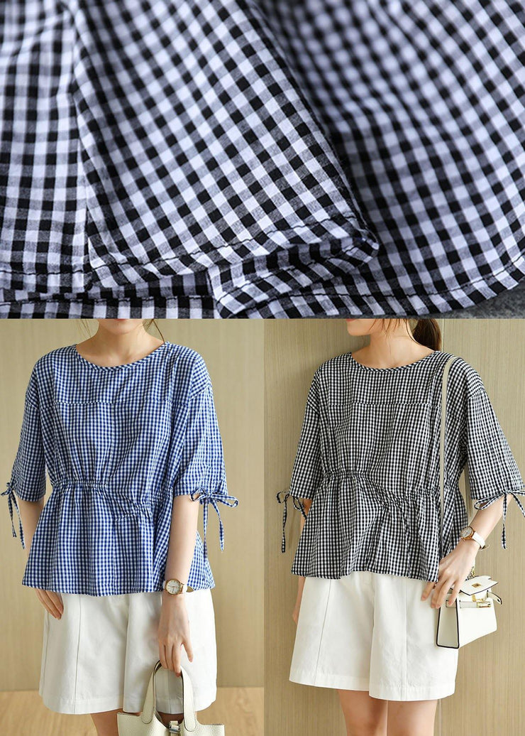 French Blue Plaid Patchwork Drawstring Summer Cotton Half Sleeve Blouse Top - bagstylebliss