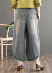 French Blue Pockets Embroideried Fall Denim Wide Leg Pants