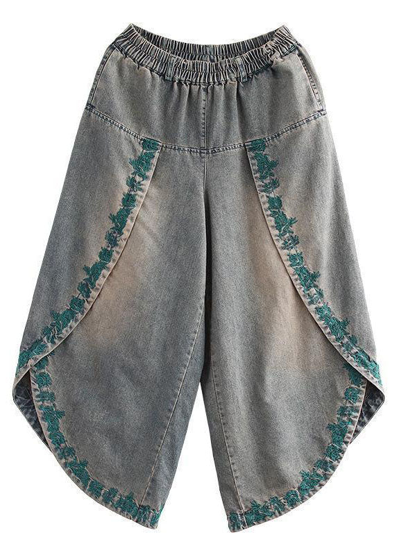 French Blue Pockets Embroideried Fall Denim Wide Leg Pants