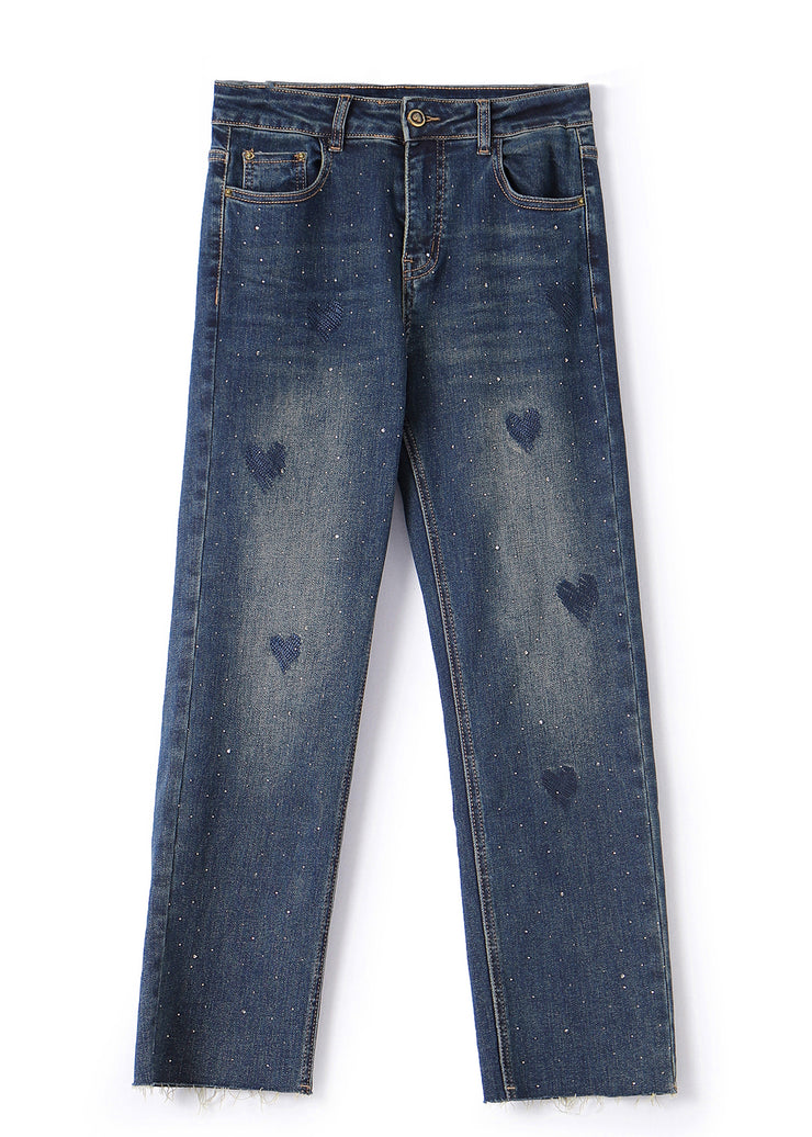 French Blue Pockets Heart Zircon Denim Straight Trousers Fall