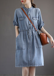 French Blue Pockets Tie Waist Denim Dresses Summer