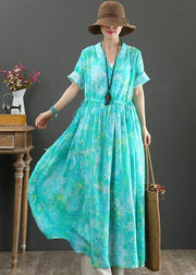 French Blue Print Tunic Pattern V Neck Drawstring Loose Summer Dress - bagstylebliss