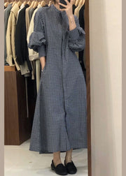 French Blue Puff Sleeve Plaid shirts Dress