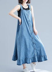 French Blue Ruffles Button Cotton Denim Strap Dress Summer