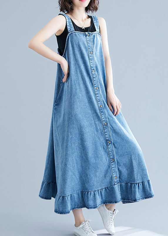 French Blue Rüschen Knopf Baumwoll-Denim-Träger-Kleid Sommer