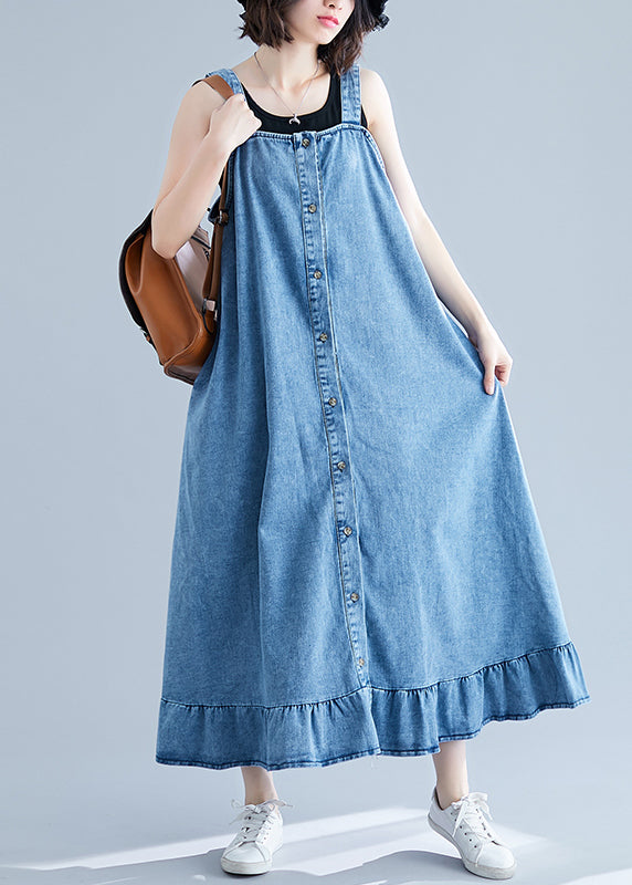 French Blue Rüschen Knopf Baumwoll-Denim-Träger-Kleid Sommer