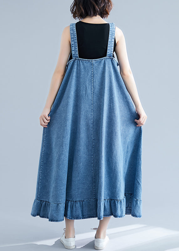 French Blue Rüschen Knopf Baumwoll-Denim-Träger-Kleid Sommer