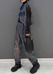 French Blue Sequins Tops And Pants Denim Two Piece Suit Set Fall