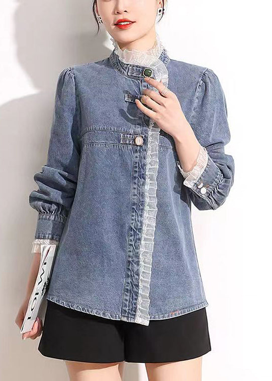 French Blue Stand Collar Asymmetrical Patchwork Lace Cotton Denim Coats Long Sleeve