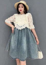 French Blue Stand Collar Hollow Out Lace Patchwork Cotton Denim Mid Dresses Short Sleeve