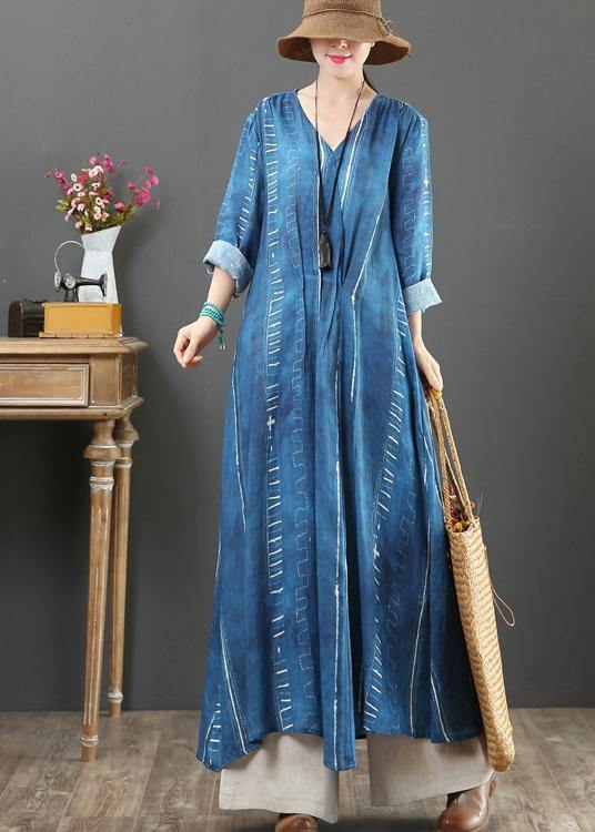 French Blue Tunic Dress V Neck large hem A Line Spring Dresses - bagstylebliss