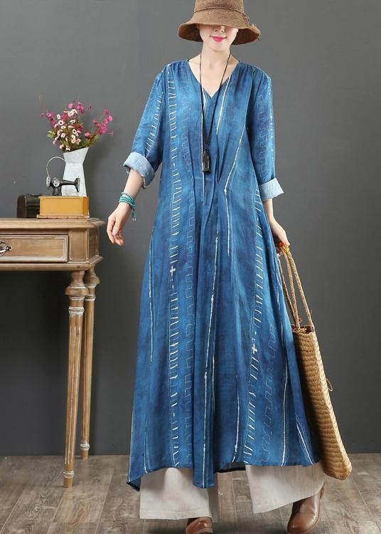 French Blue Tunic Dress V Neck large hem A Line Spring Dresses - bagstylebliss
