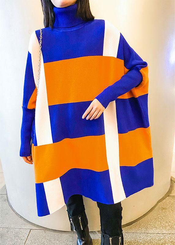 French Blue Turtleneck Patchwork Fall Striped Knitwear Dress - bagstylebliss