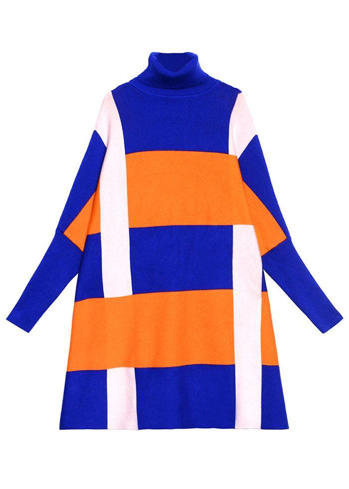 French Blue Turtleneck Patchwork Fall Striped Knitwear Dress - bagstylebliss