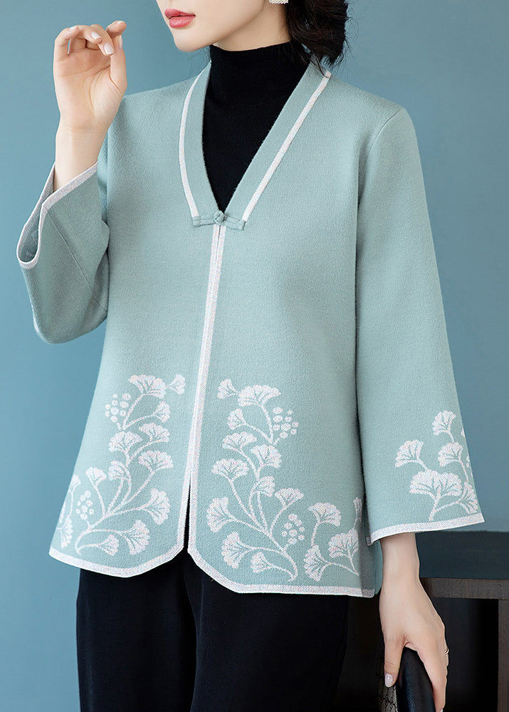 French Blue V Neck Button Print Patchwork Knit Coats Fall