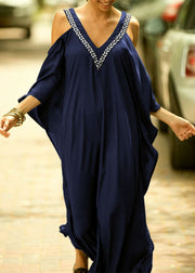 French Blue V Neck Cold Shoulder kimono robe Dresses Summer