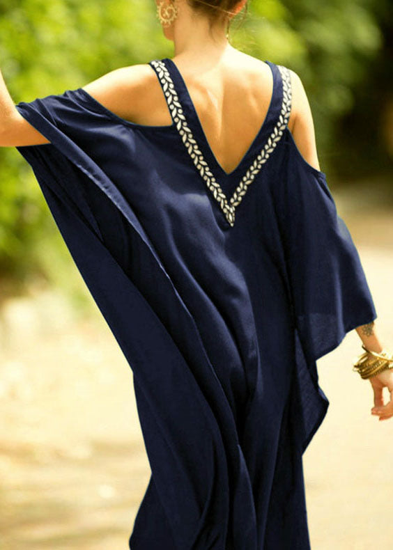 French Blue V-Ausschnitt Cold Shoulder Kimono Robe Kleider Sommer