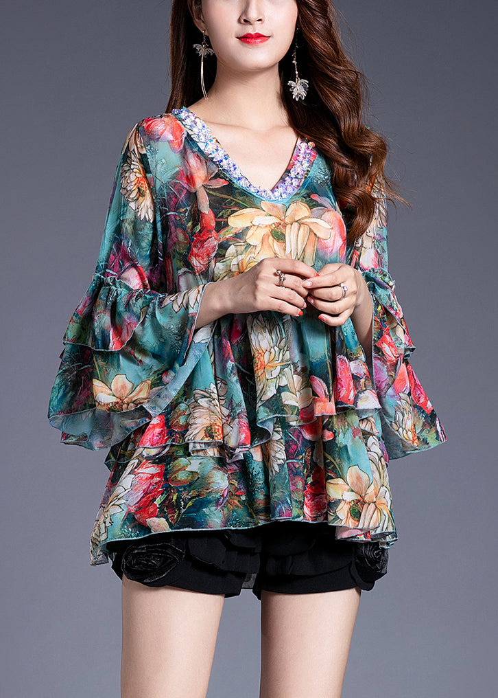 French Blue V Neck Sequins Print Chiffon Top Spring