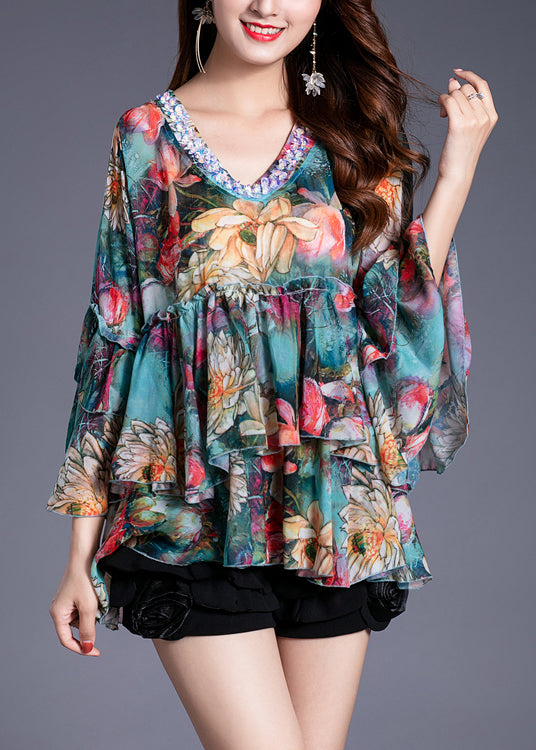 French Blue V Neck Sequins Print Chiffon Top Spring