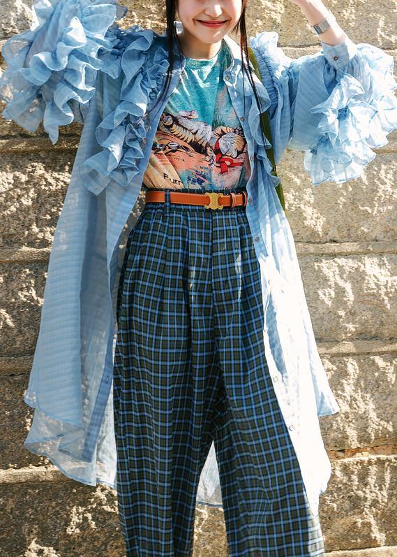 French Blue Wrinkled Ruffled Summer Chiffon Shirts Long Sleeve - bagstylebliss