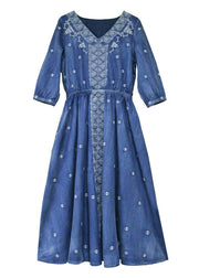 French Blue elastic waist V Neck Embroideried Cotton Dresses Half Sleeve