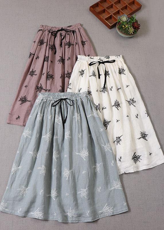 French Blue tie waist Embroideried Fall Pockets Skirt - bagstylebliss
