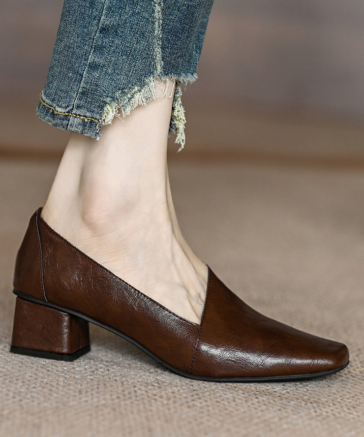 French Brown Asymmetric Splicing Chunky Heel Cowhide Leather