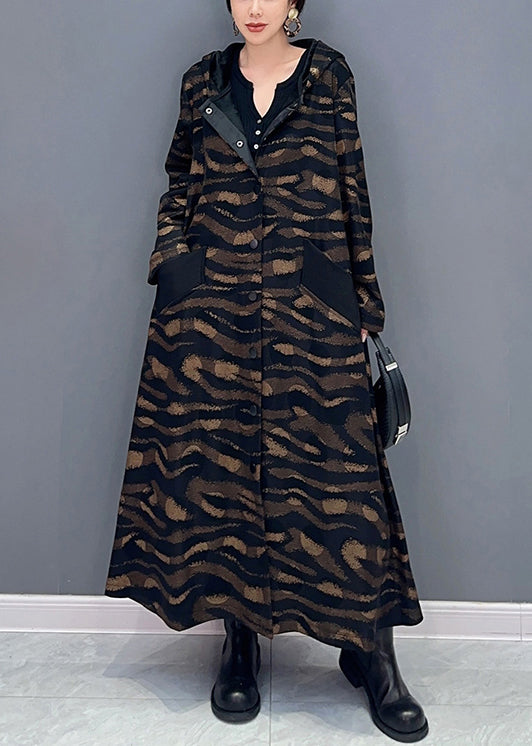 French Brown Hooded Print Button Cotton Long Trench Coat Fall