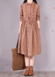 French Brown Print Dresses Lapel Drawstring Maxi Spring Dress - bagstylebliss