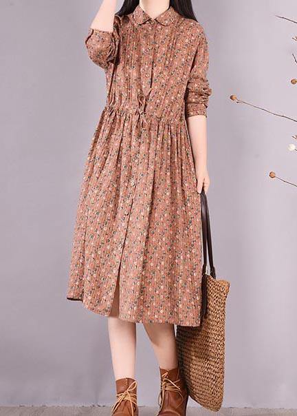 French Brown Print Dresses Lapel Drawstring Maxi Spring Dress - bagstylebliss