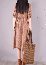 French Brown Print Dresses Lapel Drawstring Maxi Spring Dress - bagstylebliss