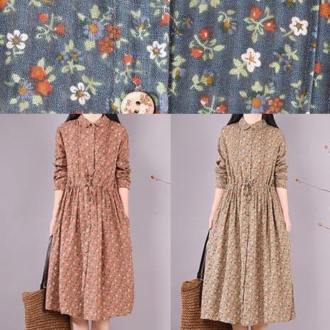 French Brown Print Dresses Lapel Drawstring Maxi Spring Dress - bagstylebliss