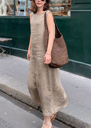 French Camel Asymmetrisches langes Leinenkleid ärmellos