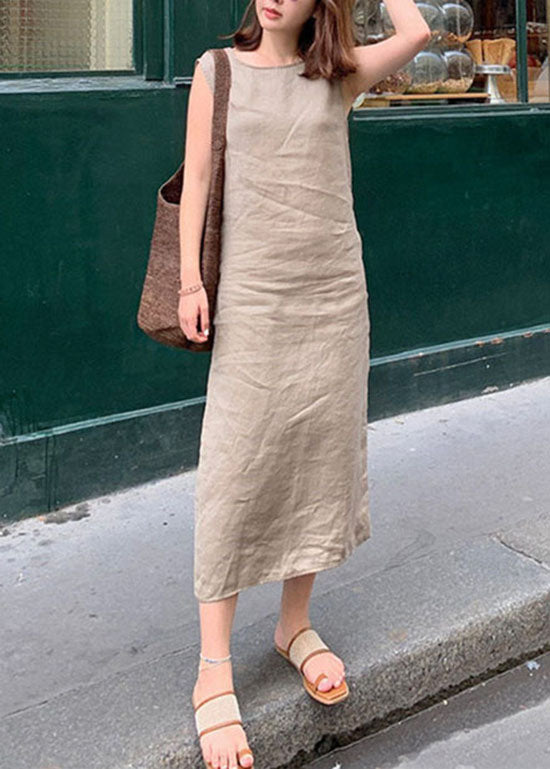 French Camel Asymmetrisches langes Leinenkleid ärmellos